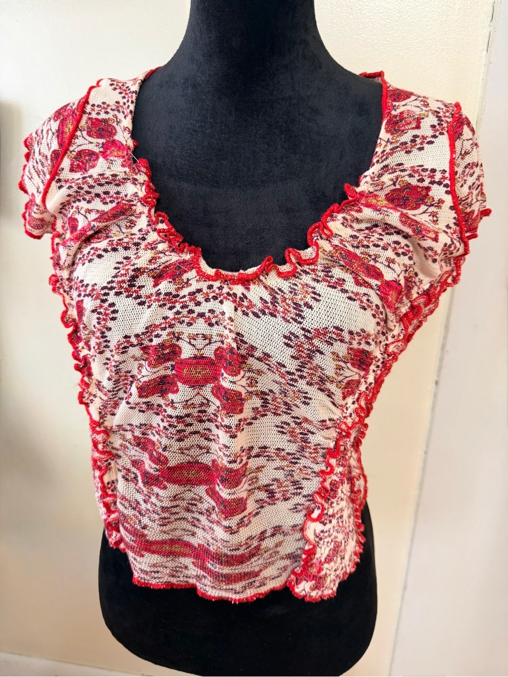 Free People Red Floral Ruffle Crop Top